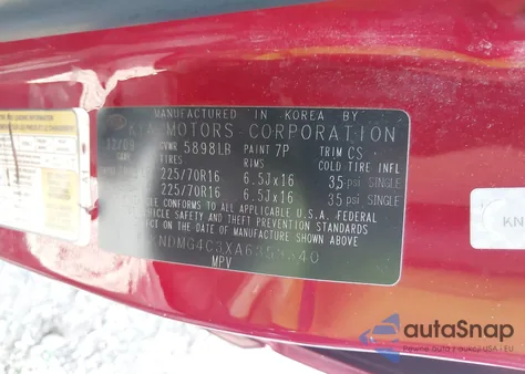 2010 Kia Sedona Lx z USA, uszkodzony, nr VIN KNDMG4C3XA6353340